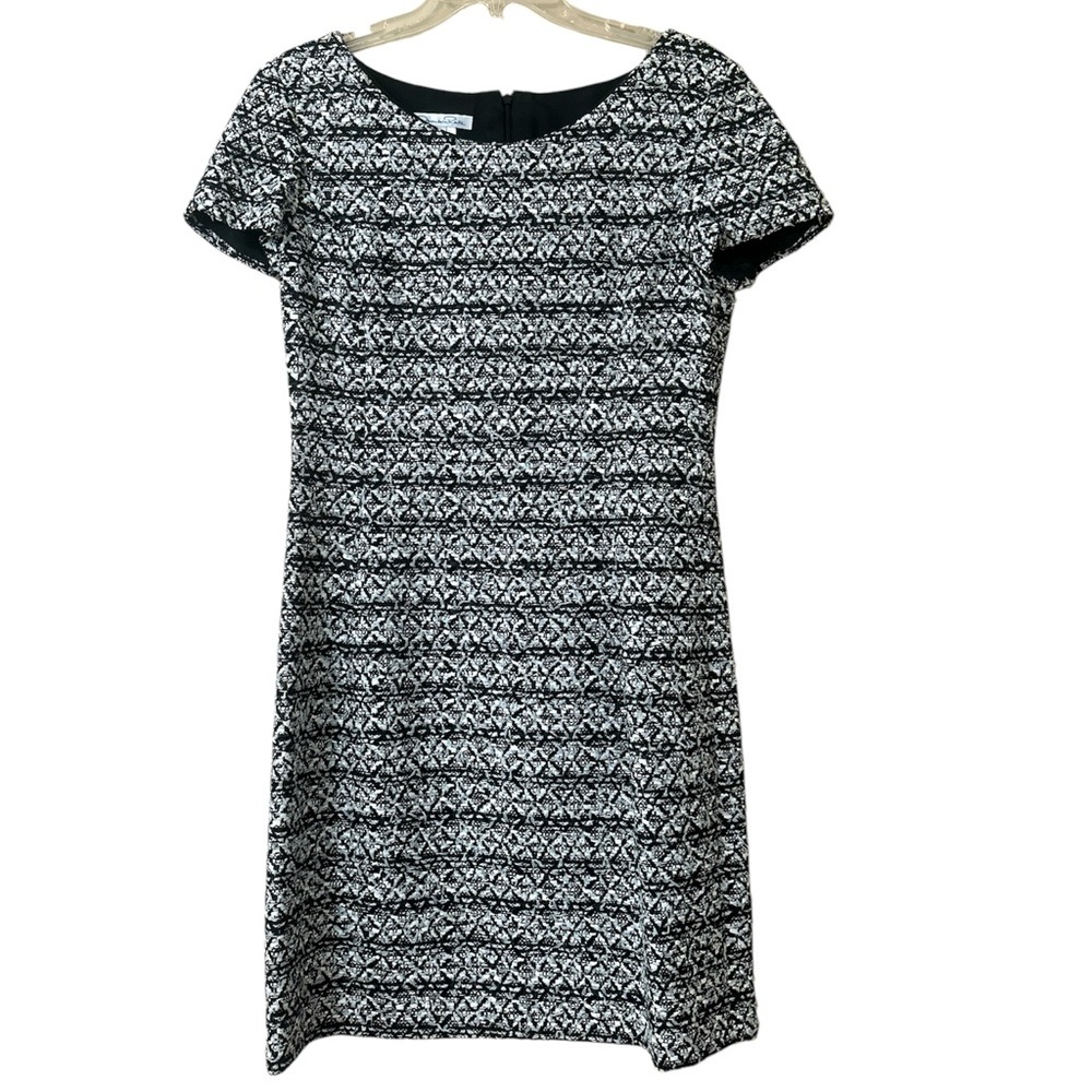 OSCAR DE LA RENTA Black White Cotton Blend Tweed Bateau Neck Dress. Size 8